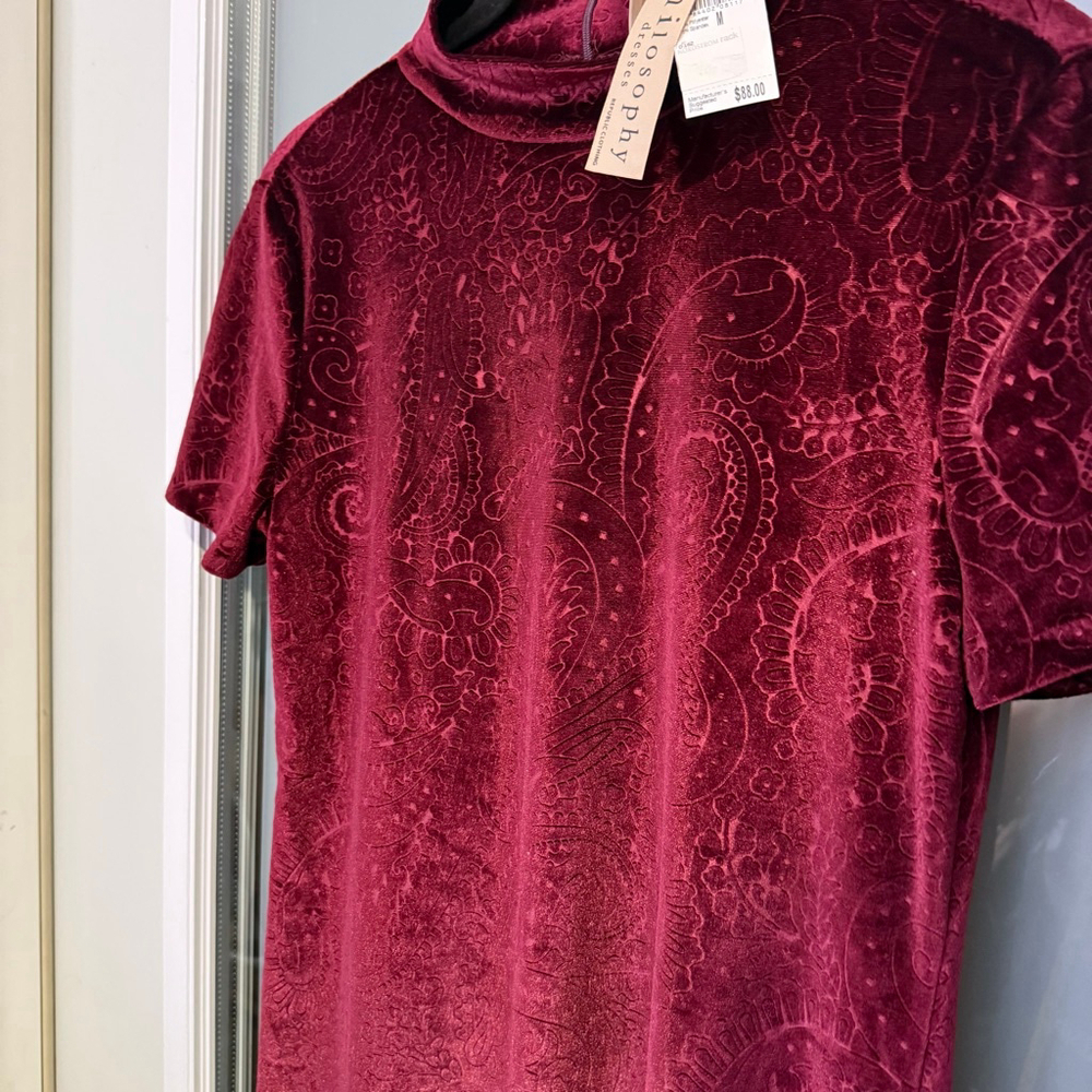 NWT Philosophy Burgundy Paisley Velvet Mock Neck Mini Dress M - Picture 3 of 8